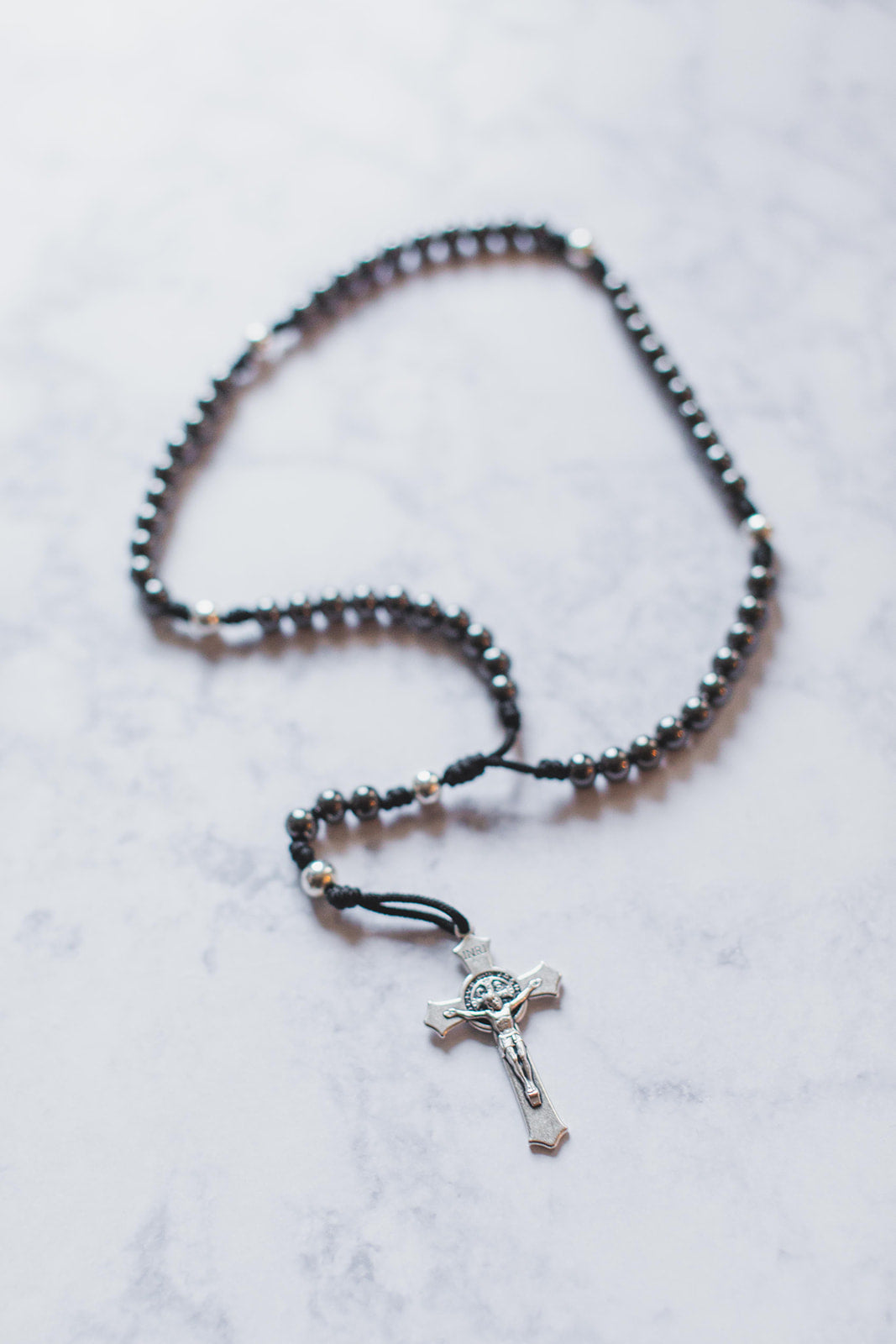 Black & Silver Rosary | Gunmetal & Paracord | Benedictine Crucifix 